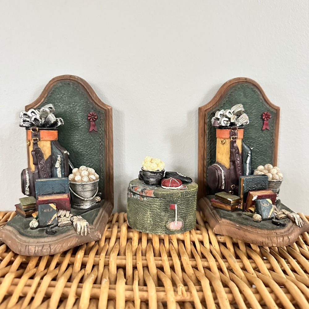 Vintage set Golf Bookends and Jar Golf Bag Clubs Library Office Decor